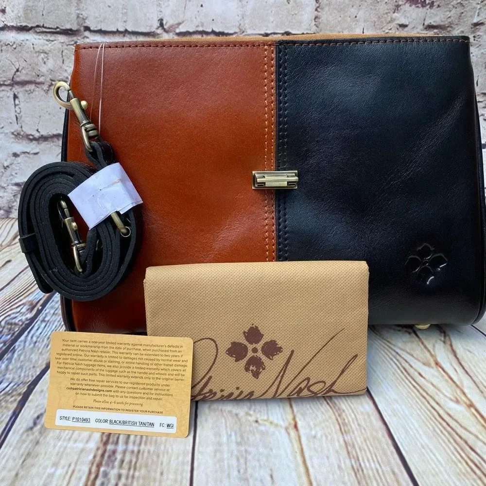 Patricia Nash Yoeky Top Leather Purse Colorblock Black Tan NWT Crossbody Strap - Picture 6 of 11